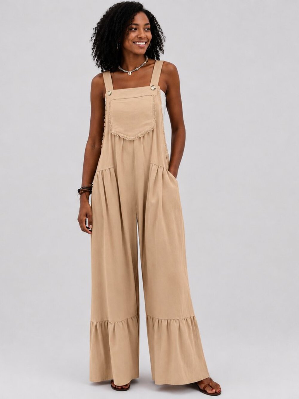Dokotoo Tan Boho Wide Leg Overall Jumpsuit Crochet Trim Pockets Size Large